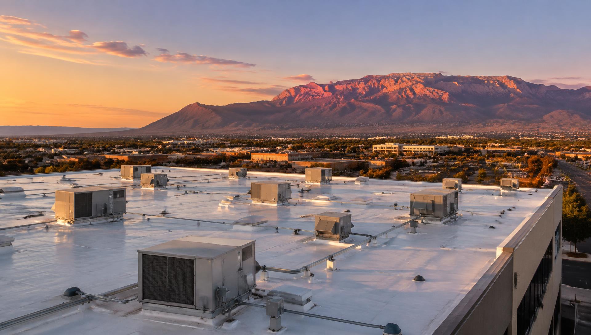 Commercial flat roof in Albuquerque with the Sandia Mountains glowing at sunset
