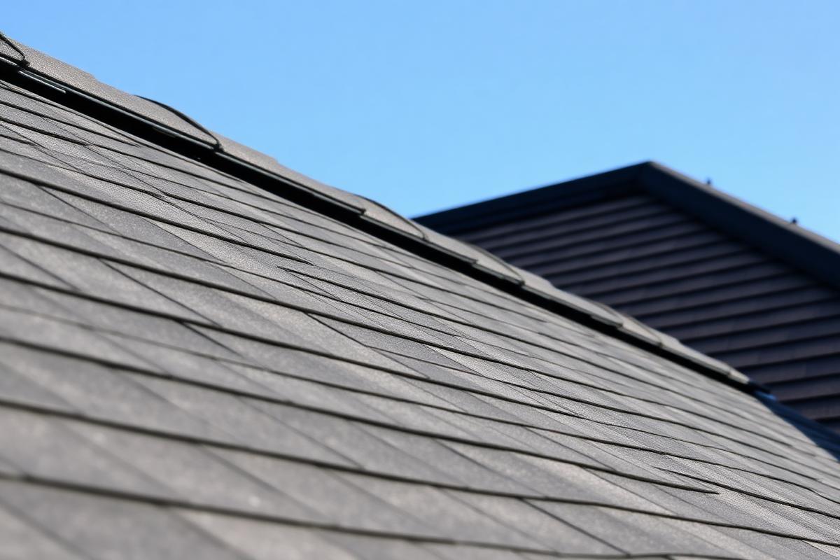Close-up of new architectural asphalt shingles and ridge line