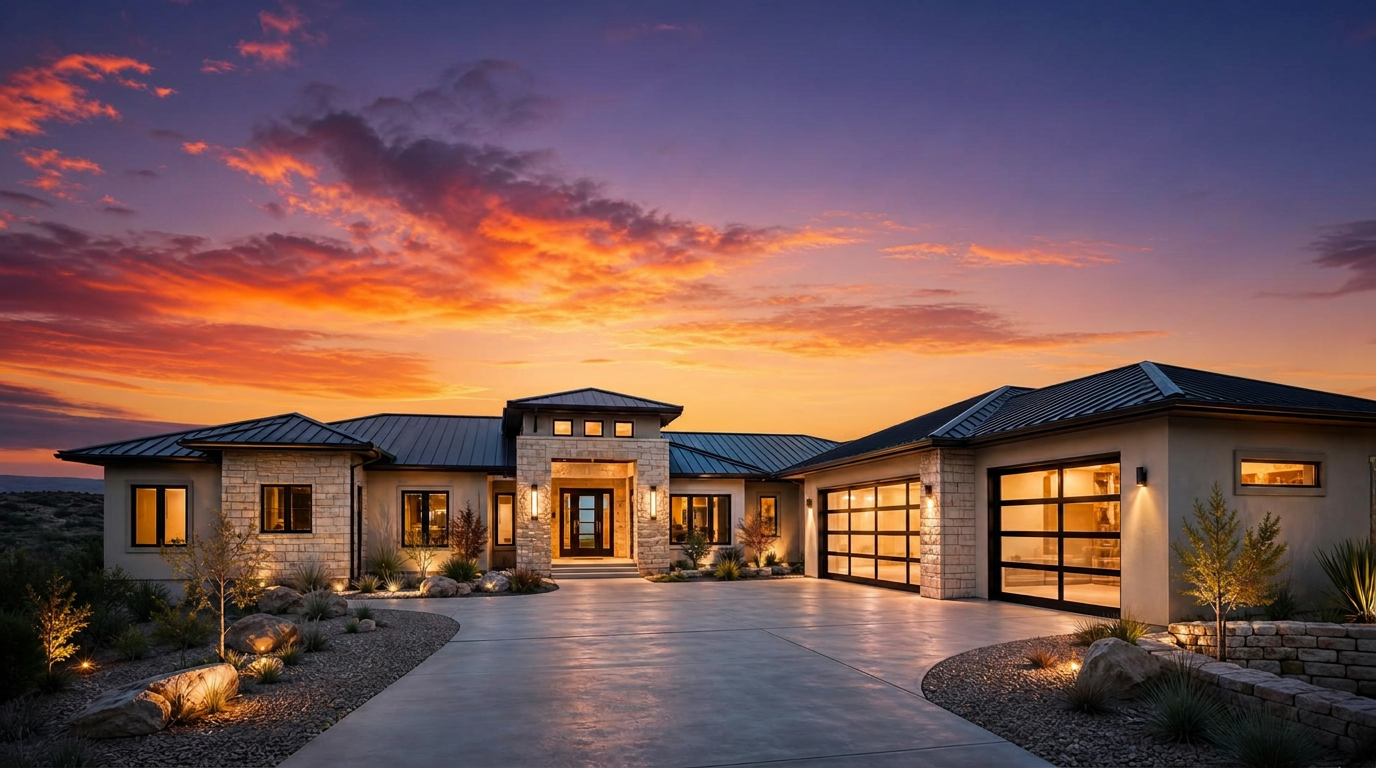 Modern New Mexico home at dusk under a dramatic sunset sky, built by Konstrukt Construction